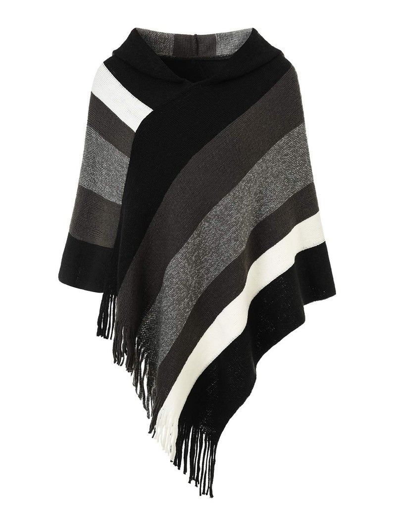 Ferand Women's Striped Poncho Sweater Cozy Knit Fringe Shawl Wraps with Hood for Fall Winter - Image 1